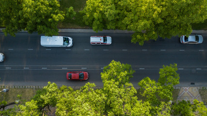 Aerial Drone Flight top down View of freeway busy city rush hour heavy traffic jam highway.  Aerial...