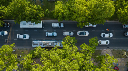 Aerial Drone Flight top down View of freeway busy city rush hour heavy traffic jam highway.  Aerial...