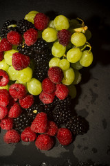 Varied fruit, blackberry, raspberry and grapes