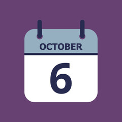 Flat icon calendar 6th of October isolated on purple background. Vector illustration.