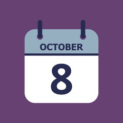 Flat icon calendar 8th of October isolated on purple background. Vector illustration.