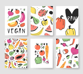 Fototapeta na wymiar Hand drawn set of cards with fruits and vegetables. Vector artistic illustration food. Vegan drawing beetroot, cucumber, eggplant, tomato, potato, pepper, carrot, pear, apple, watermelon
