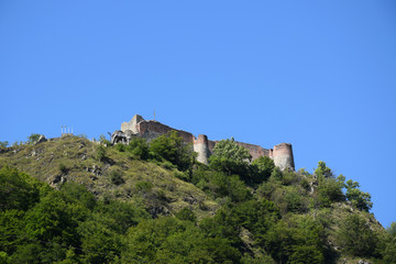 Fototapeta na wymiar Ruins of Poenari Castle on Mount Cetatea. Real Dracula castle, Romania.
