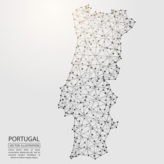 A map of Portugal consisting of 3D triangles, lines, points, and connections. Vector illustration of the EPS 10.