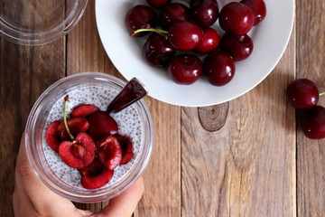 Homemade chia pudding with cherries