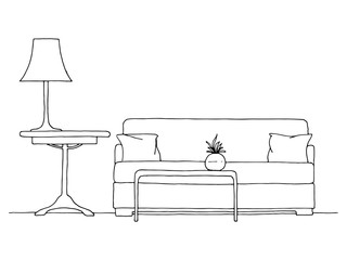 Linear sketch of an interior. Hand drawn vector illustration of a sketch style.