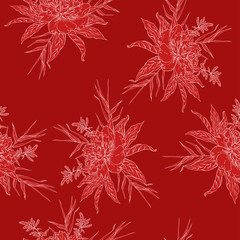 Red flower and leaves seamless pattern on red background. Hand drawn vector illustration.