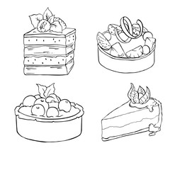 Set of tarts and cakes isolated on white background. Hand drawn vector illustration.