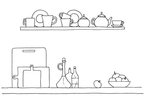 Sketch of shelves with different utensils. Vector illustration.