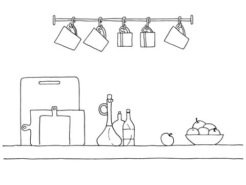 Sketch of shelves with different utensils. Vector illustration.