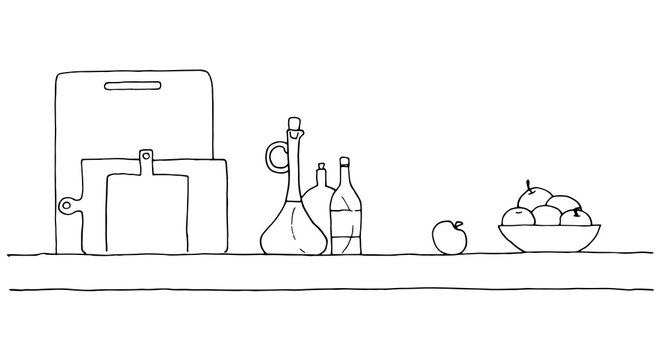 Sketch of shelves with different utensils. Vector illustration.