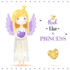 Postcard with little girl and glitter heart. Little princess vector illustration
