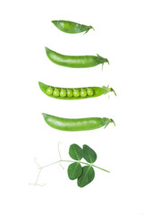 Set of green fresh peas isolated on white background
