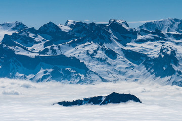 Pilatus mount, surround view, snow alps and fog