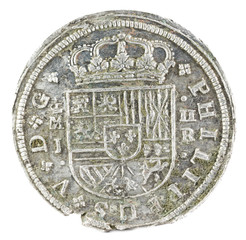 Ancient Spanish silver coin of the King Felipe V. 1717. Coined in Madrid. 2 reales. Obverse.