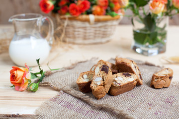 traditional Italian biscotti cookies with almonds and chocolate, selective focus