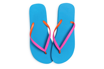 Blue flip flops isolated on white background. Top view