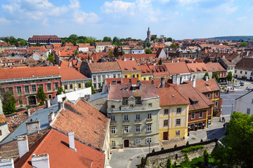 Historical buildings of the old town seen from the Firewatch tower in Sopron, Hungary. Sopron skyline.