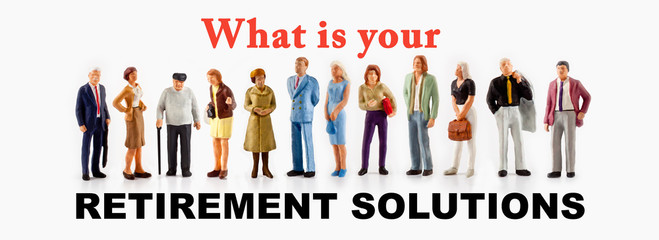 A group of different age people are standing in front of a billboard with a question message about retirement solutions