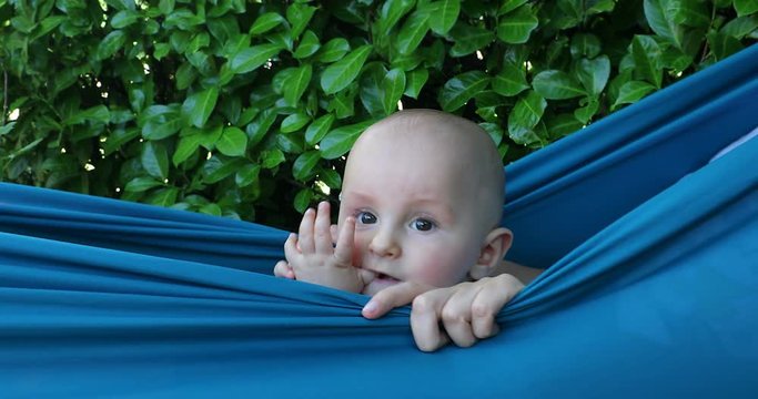 Adorable Cute Baby Boy Relaxing In Hammock, Cute Seven Month Old Baby Boy. Close Up View - DCi 4K Resolution