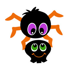 Cute spider holds a skull in its paws. Vector illustration isolated on white background.