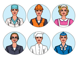 Vector colorful set of women's professions isolated from background. Icon collection with beautiful girls doing different job. Group of avatars of women wearing uniform for different work