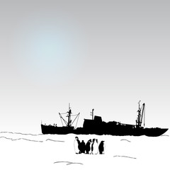 Antarctica illustration with penguins and science ship