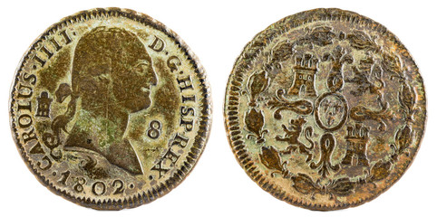 Ancient Spanish copper coin of the King Carlos IV. 1802. Coined in Segovia. 8 Maravedis.