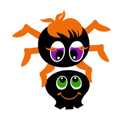 Cute spider holds a skull in its paws. Vector illustration isolated on white background.