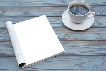 Open Blank catalog, magazines, book mock up on wood table with coffee