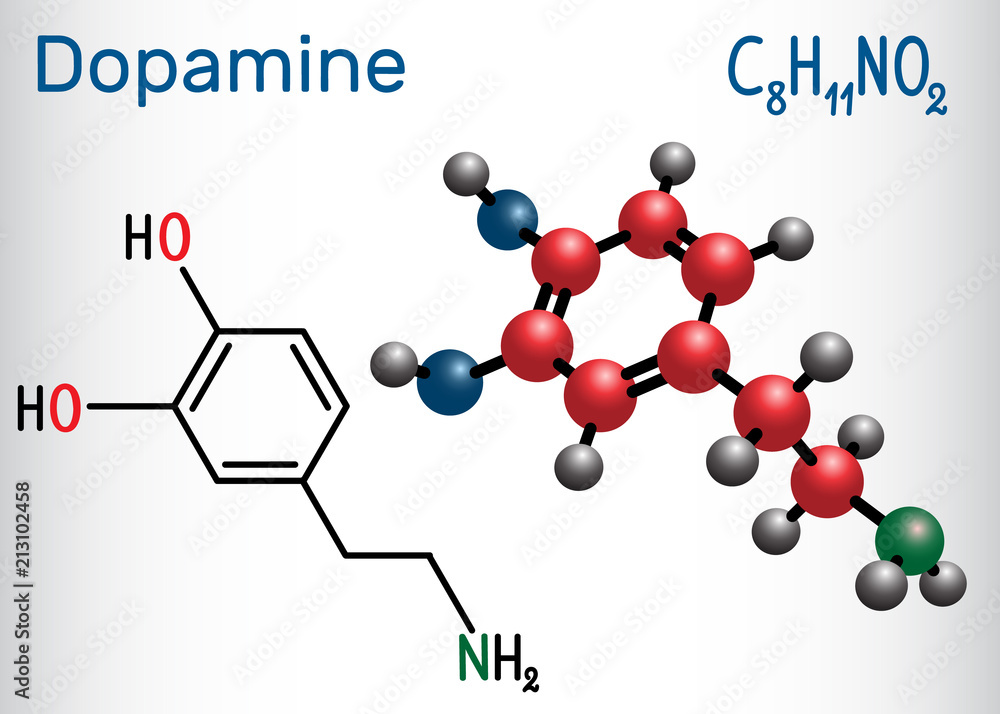 Poster dopamine ( da) molecule. structural chemical formula and molecule model