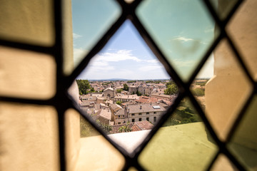Old town view through a window