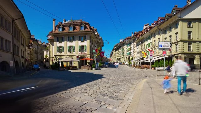 day light bern city center traffic street panorama 4k timelapse switzerland
