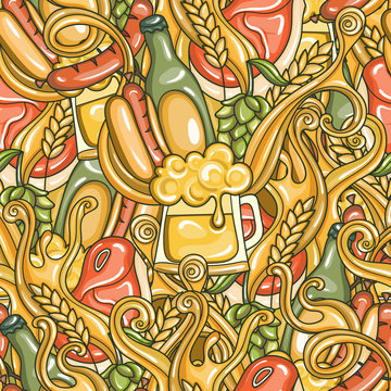 Vector doodles seamless pattern with beer mug, meat food and beer splashes. Colorful October fest pattern with tasty food for print and design.