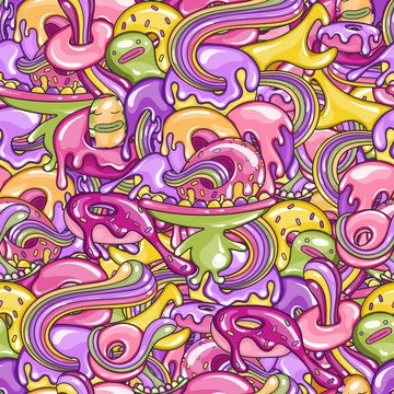 Colorful seamless pattern with doodles monsters eating donut. Lots of donuts in the mouth of cute little man with big head. Bright colors with highlights. Vector background.