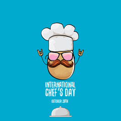 International chef day vector greeting card. vector funny cartoon tiny brown smiling chef potato with hat isolated on blue background.