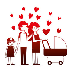 mom dad and son with baby stroller hearts love