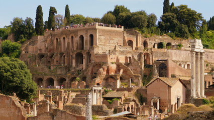 Blick über das Forum Romanum zum Hügel Palatin mit den Grundmauern des Kaiserpalastes