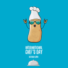 International chef day vector greeting card. vector funny cartoon tiny brown smiling chef potato with hat isolated on blue background.