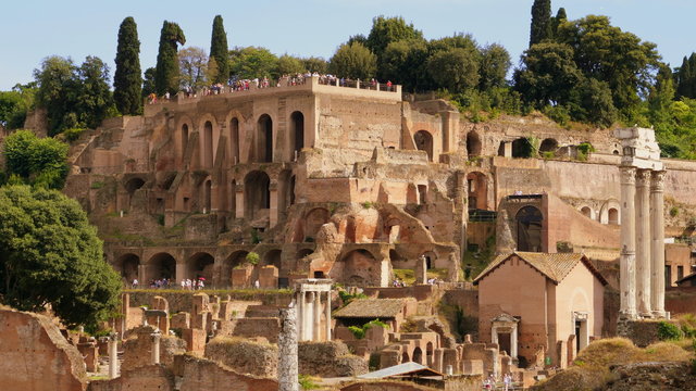 Blick &uuml;ber das Forum Romanum zum H&uuml;gel Palatin mit den Grundmauern des Kaiserpalastes