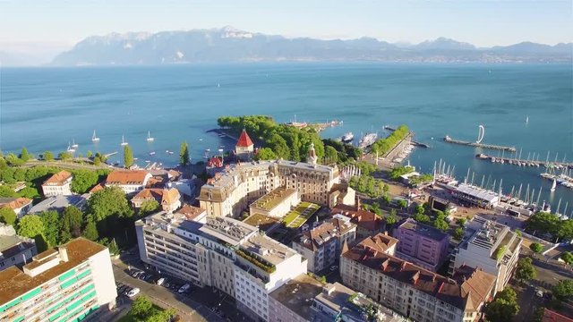 4K Aerial footage of Ouchy in Lausanne city  in Switzerland -UHD