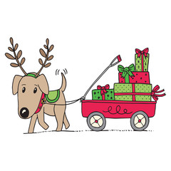 Dog in antlers pulls red wagon filled with Christmas presents