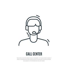 Customer Service Icon. Operator of contact centre With Headphone. Line art style.  Vector illustration