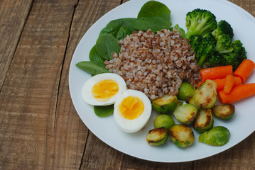 Healthy Diet Fitness Healthy Diet Buckwheat Egg Boiled Half Salad Brussele Cabbage Carrots Copy Space