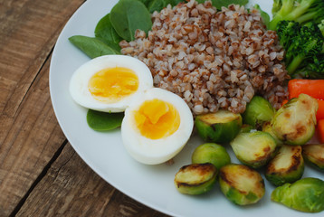 Healthy Diet Fitness Healthy Diet Buckwheat Egg Boiled Half Salad Brussele Cabbage Carrots Copy Space