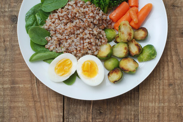 Healthy Diet Fitness Healthy Diet Buckwheat Egg Boiled Half Salad Brussele Cabbage Carrots Copy Space