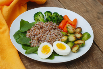 Healthy Diet Fitness Healthy Diet Buckwheat Egg Boiled Half Salad Brussele Cabbage Carrots Copy Space