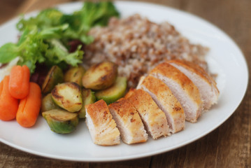 Dietetics Healthy Buckwheat Beef Meat Breast Chicken Chicken Salad Cabbage Brussels Carrots Rustic Wood Background