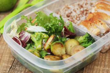 Lunch Box Healthy Food Take Away Plastic Container Buckwheat Salad Chicken Meat Brest Rustic Wooden Board