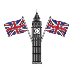 Obraz na płótnie Canvas big ben tower british landmark with flags of great britain